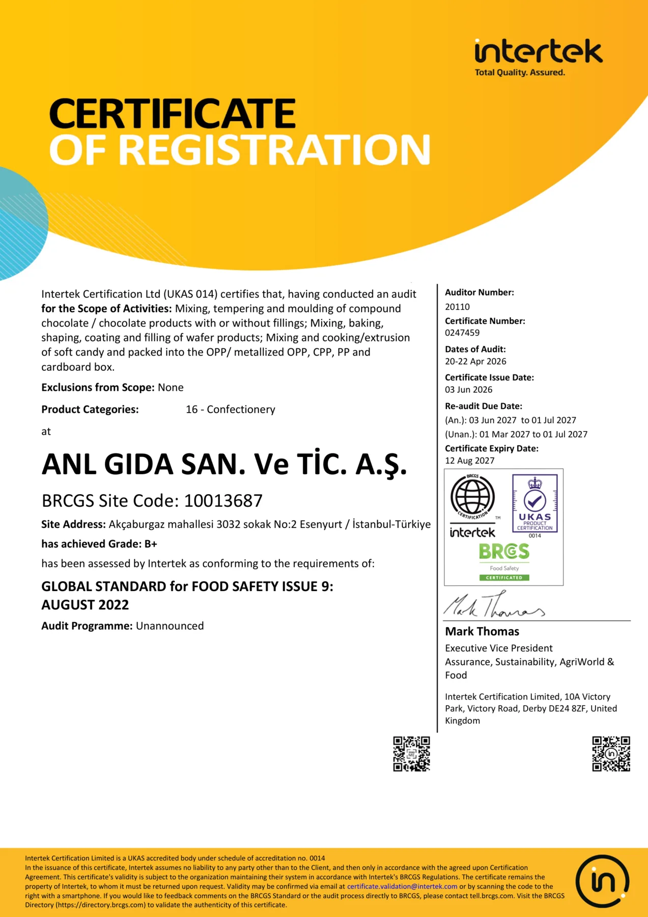 BRCGS Food Safety Certificate