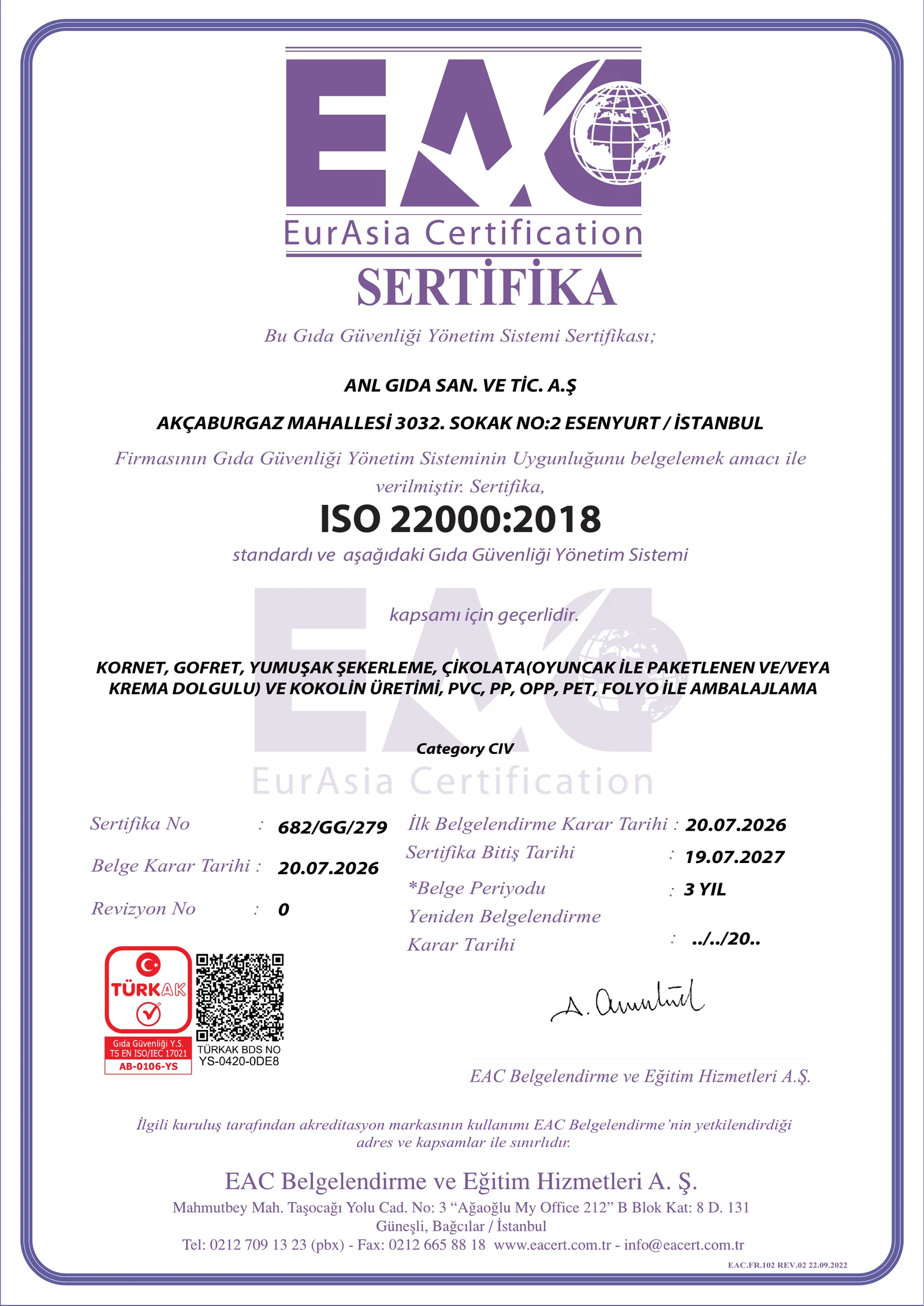 ISO 22000 Food Safety Management System Certificate