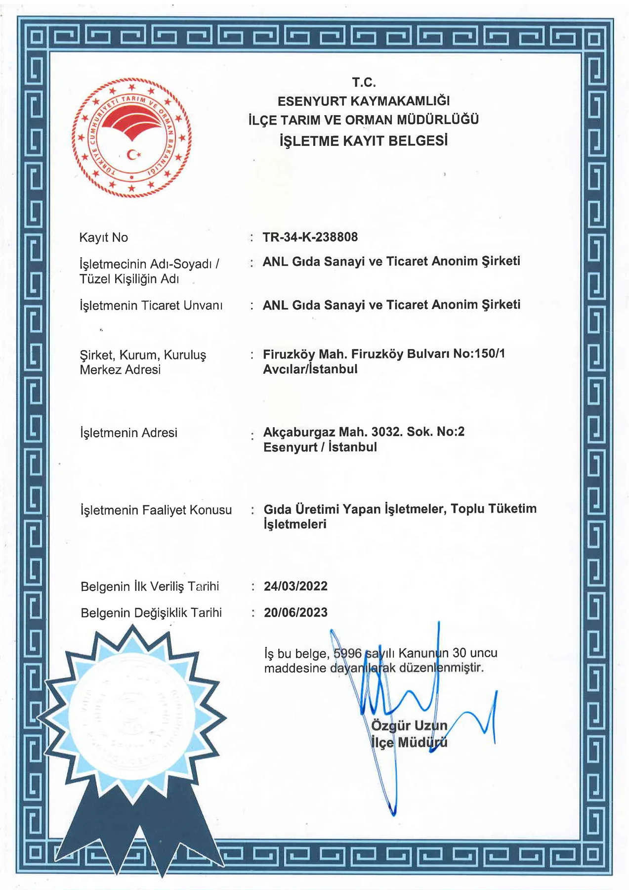 Esenyurt Business Registration Certificate